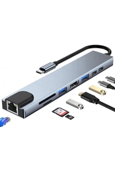 ULTRATEKNO Shaza 8in1 Usb Type-c Hub Port Adaptör Hdmı Usb Ethernet Pd Girişli, Gri