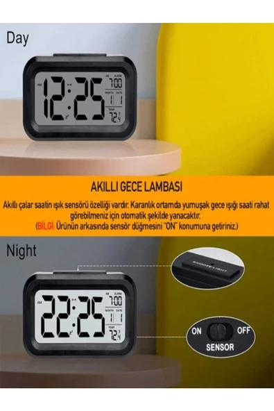 ULTRATEKNO Dekoratif Işıklı Saat Alarmlı Termometreli Dijital Saat Tarih Gösteren Başucu Masa Saati - 3
