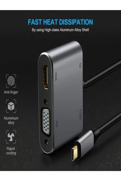 ULTRATEKNO Macbook Uyumlu Type-C To 4K Ultra Hd 1080p Hdmı/ Vga/ Pd Şarj/ USB 3.0 4IN1 Çevirici Hub Adaptör - 3
