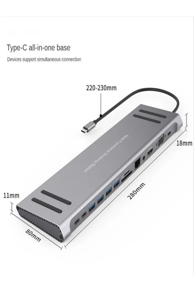 BAYINDIRELEKTRONİK 14 In 1 Macbook Uyumlu Type-C Hub USB 3.0-SD/TF-RJ45-HDMI-VGA-USB-C 60W Dönüştürücü - 3