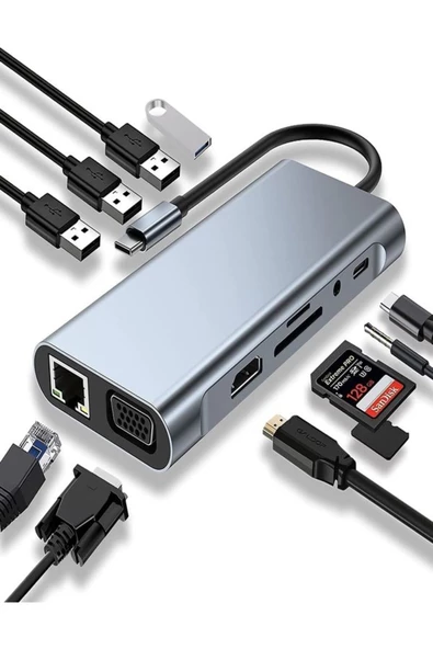 BAYINDIRELEKTRONİK Macbook Pro Air Type C Hub Pd Şarj HDMI Sd Network VGA Girişli 11 In 1 Çevirici Dönüştürücü - 2