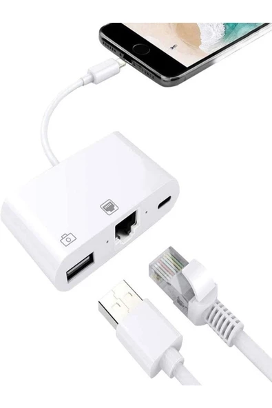 ULTRATEKNO Iphone 7 8 X 11 11 Pro 12 13 13 14 Pro Max ve Ipad Uyumlu Usb Ethernet Lightning Şarj Adaptörü 3in1 - 4