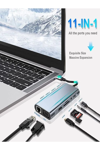 BAYINDIRELEKTRONİK Macbook Pro Air Type C Hub Pd Şarj HDMI Sd Network VGA Girişli 11 In 1 Çevirici Dönüştürücü