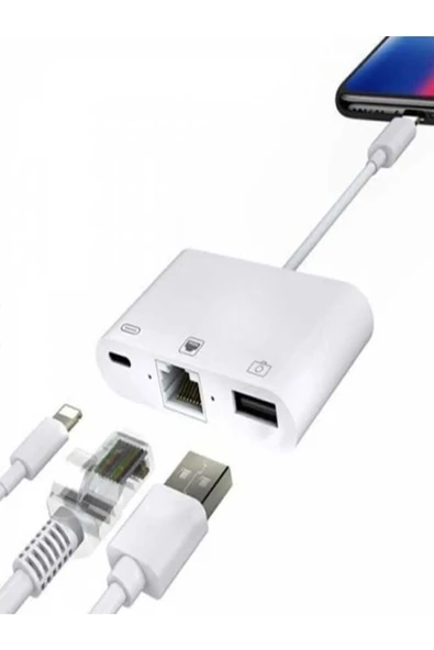 ULTRATEKNO Iphone 7 8 X 11 11 Pro 12 13 13 14 Pro Max ve Ipad Uyumlu Usb Ethernet Lightning Şarj Adaptörü 3in1 - 8