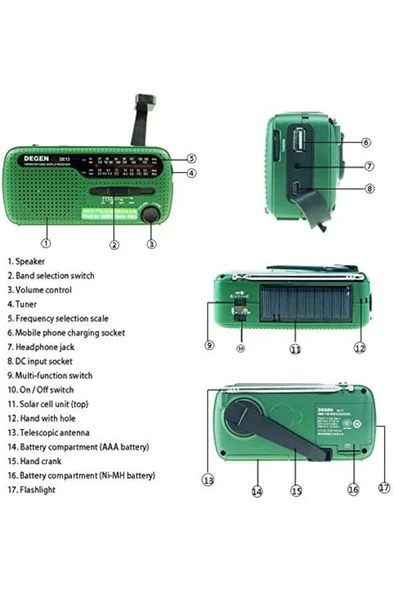 Degen DE13 Crank Güneş Radyosu - Degen DE13 FM SW Alıcı Krank Dinamo Radyo Cep Telefonu Şarj Aleti - 4