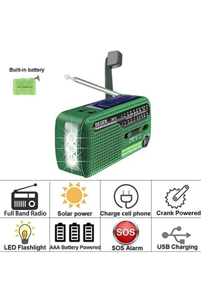 Degen DE13 Crank Güneş Radyosu - Degen DE13 FM SW Alıcı Krank Dinamo Radyo Cep Telefonu Şarj Aleti - 6