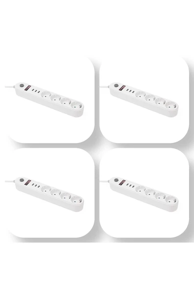 ULTRATEKNO 4’lü Ekonomik Paket Anahtarlı Akım Korumalı Led Işıklı Grup Priz 4 Priz + 3 USB Giriş - 2