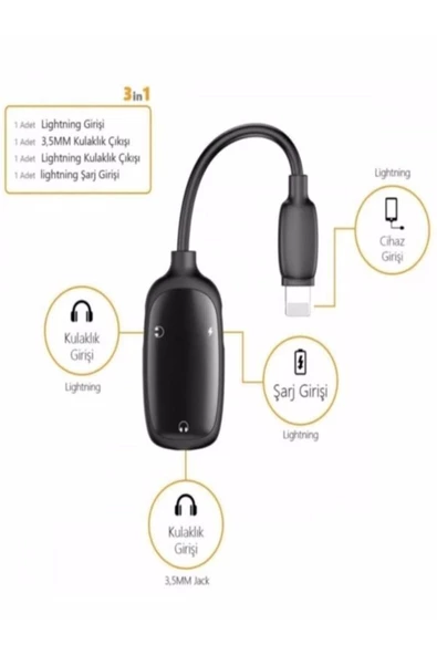 ULTRATEKNO Lightning Çoklayıcı / 2x Lightning Çıkışı Ve 1x 3.5 Mm Stereo Jack Çıkışı - Tak Çalıştır - 3