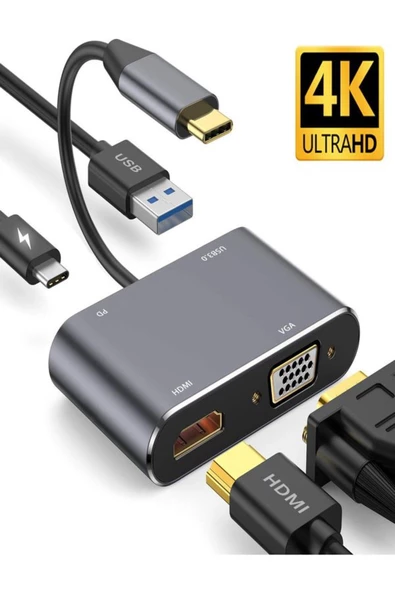ULTRATEKNO Macbook Uyumlu Type-C To 4K Ultra Hd 1080p Hdmı/ Vga/ Pd Şarj/ USB 3.0 4IN1 Çevirici Hub Adaptör