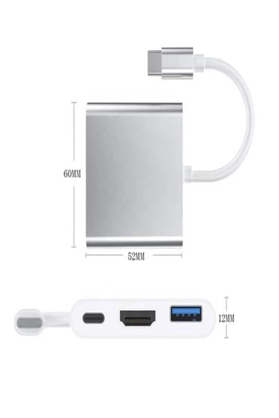 BAYINDIRELEKTRONİK 3in1 Type-C To HDMI Hub Port Adaptör Pd USB 3.0 4K HDMI Çoklayıcı Çevirici Dönüştürücü - 8