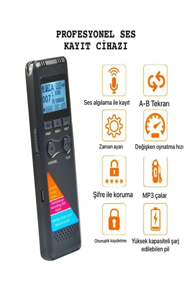 ULTRATEKNO 10 gün kesintisiz Kayıt Yapan 2 Mikrofonlu Dijital Ekranlı Metal 32 GB Profesyonel Ses Kayıt Cihazı - 3