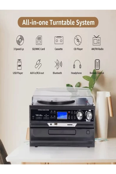 ULTRATEKNO Hepsi Bir Arada elektrikli Vintage Plak Çalar CD Çalar Kaset USB Bluetooth Tf Aux Kumandalı Pikap - 5