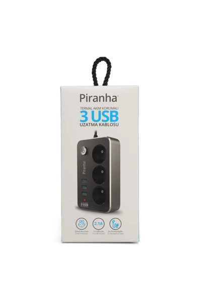 Piranha Termal Akım Korumalı Uzatma Kablosu 3'lü Priz 3 Usb'li Beyaz