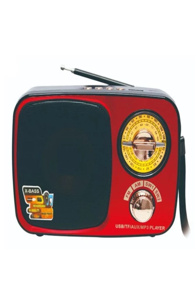 Kemai MD-308BT Işıklı Retro Görünümlü Nostaljik Radyo Bluetooth Hoparlör -  Kırmızı Renk