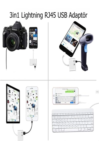 ULTRATEKNO Iphone 7 8 X 11 11 Pro 12 13 13 14 Pro Max ve Ipad Uyumlu Usb Ethernet Lightning Şarj Adaptörü 3in1 - 2