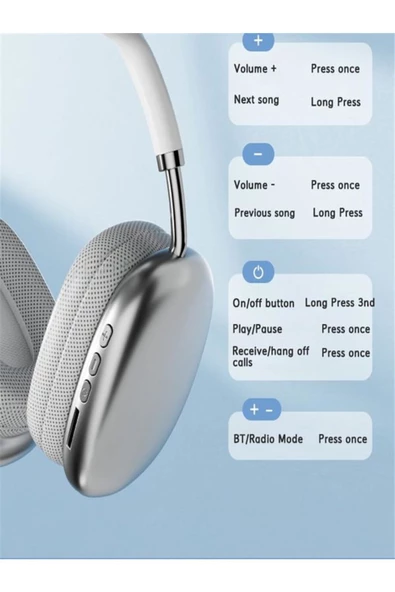 BAYINDIRELEKTRONİK P9 Pro Max Bluetooth Kulaklık Bt5.0 Mikrofonlu Fm Radyolu Tf Kart Girişli Aux Bluetooth Kulaklık - 3