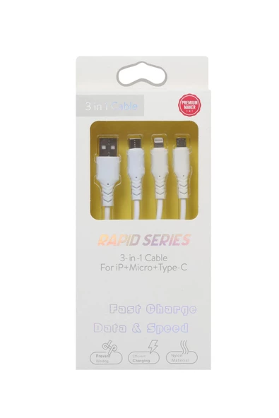 ULTRATEKNO Rapid Series 3in1 Hızlı Şarj Kablosu Iphone + Type C + Micro Usb