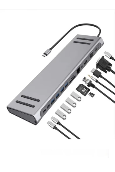 BAYINDIRELEKTRONİK 14 In 1 Macbook Uyumlu Type-C Hub USB 3.0-SD/TF-RJ45-HDMI-VGA-USB-C 60W Dönüştürücü