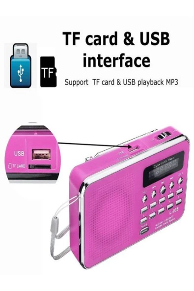 ULTRATEKNO Dijital Ekranlı Şarjlı Taşınabilir Radyo Usb Tf Destekli Cep Radyosu L-938 - Pembe - 5