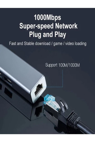 ULTRATEKNO Usb 3.0 3 port Hub ve Gigabit Ethernet Adaptör Ikisi Bir Arada Usb Adaptör Alüminyum Kasa - 4