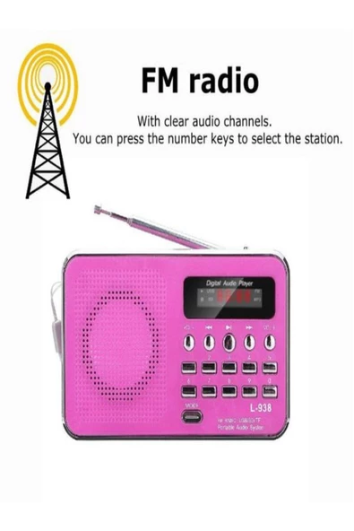 ULTRATEKNO Dijital Ekranlı Şarjlı Taşınabilir Radyo Usb Tf Destekli Cep Radyosu L-938 - Pembe - 6