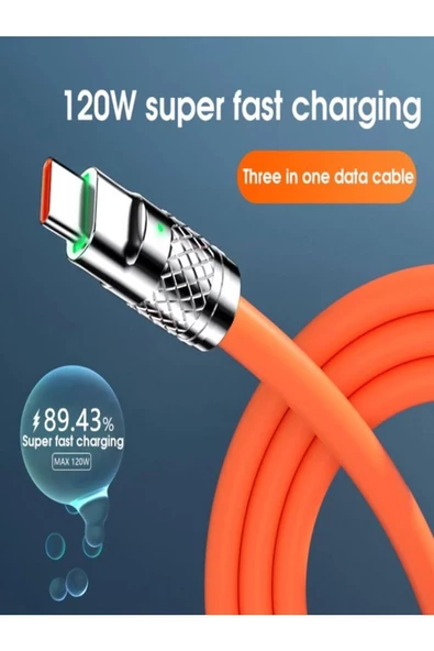 BAYINDIRELEKTRONİK Süper Hızlı 120W 6A Sıvı Silikon Metal Uçlu Led Işıklı Micro Type-C iPhone 3 in1 Şarj Kablosu 1.2M - 7