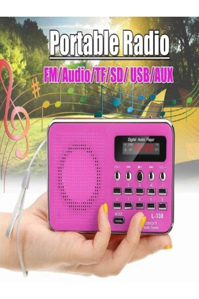 ULTRATEKNO Dijital Ekranlı Şarjlı Taşınabilir Radyo Usb Tf Destekli Cep Radyosu L-938 - Pembe - 2
