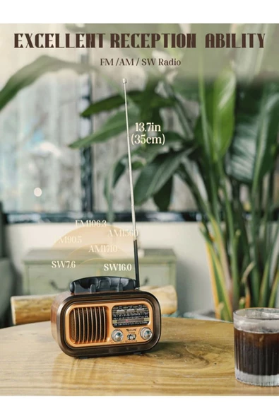 BAYINDIRELEKTRONİK Nostaljik Görünümlü Solar Panelden Şarj Olabilen Telefon Standlı FM Radyo Bluetooth Hoparlör - 8