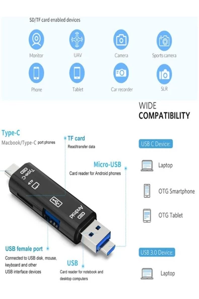 ULTRATEKNO 5'i 1 Arada USB Flash Bellek & Tf Kart Micro SDHC Kart Okuyucu Otg Type C Micro Usb Otg - 8