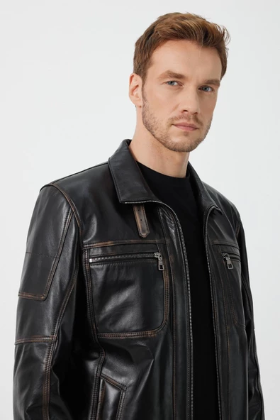 Kenny Siyah Vintage Deri Mont - 6