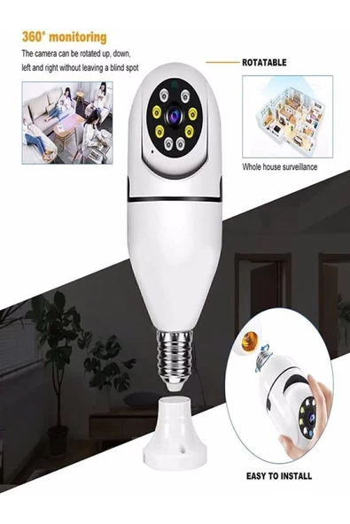 BAYINDIRELEKTRONİK 360 Ptz Ip Kamera Gece Görüş Kablosuz Bebek Güvenlik Akıllı Ampul Wifi Kamera E27 Duy Tip - 7