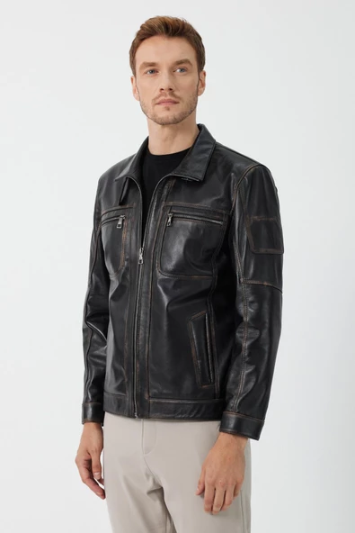 Kenny Siyah Vintage Deri Mont