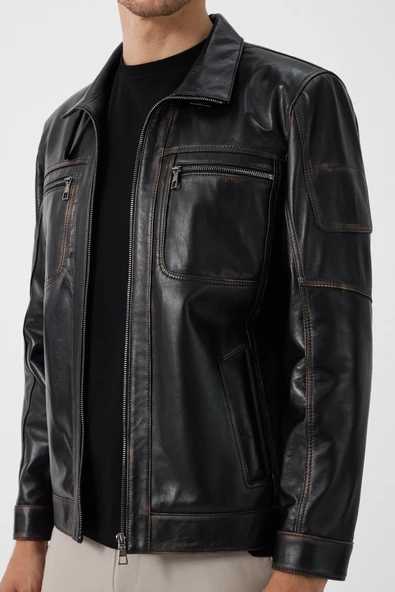 Kenny Siyah Vintage Deri Mont - 5