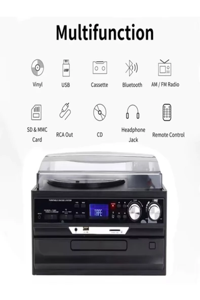 ULTRATEKNO Hepsi Bir Arada elektrikli Vintage Plak Çalar CD Çalar Kaset USB Bluetooth Tf Aux Kumandalı Pikap - 3