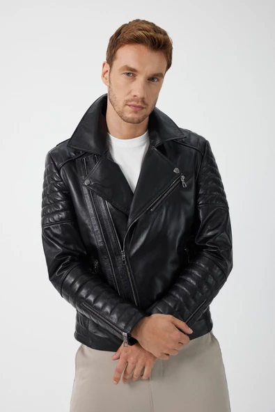 Biker Siyah Deri Mont - 5