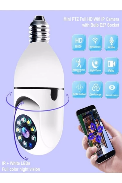BAYINDIRELEKTRONİK 360 Ptz Ip Kamera Gece Görüş Kablosuz Bebek Güvenlik Akıllı Ampul Wifi Kamera E27 Duy Tip - 4