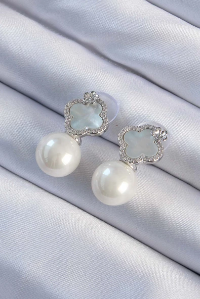 Pirinç Gümüş Renk Zirkon Taşlı Minimal Çiçek Tasarımlı Kadın Küpe - EBJ240920W28179 ürün görseli