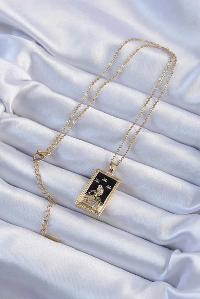 Altın Renk Zirkon Taşlı Siyah Mineli Kız Figürlü Tarot Kolye - EBJ240920W28211 - Resim 2