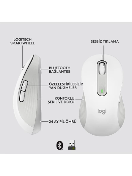Logitech Signature M650 Büyük Boy Sol El Için Sessiz Kablosuz Mouse - Beyaz - 5