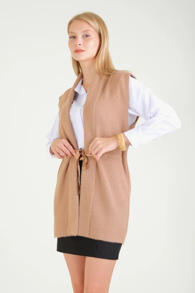 Kadın Bel Kurdela Ayarlamalı Tüylü Yelek Camel - 4