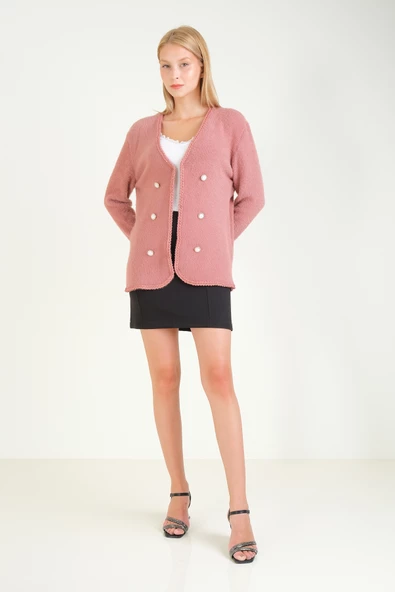 Kadın Biyeli Dekoratif Dümeli Tüylü Hırka Gül - 5