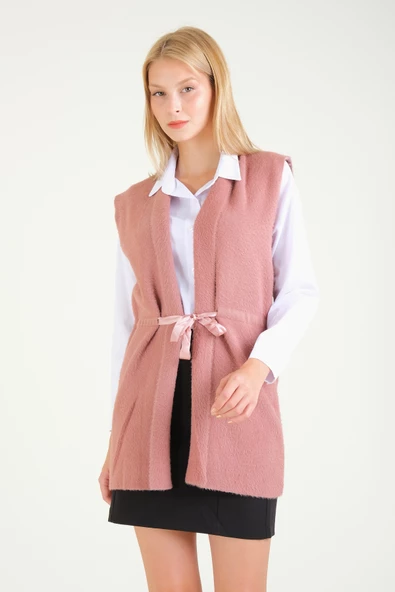 Kadın Bel Kurdela Ayarlamalı Tüylü Yelek Gül