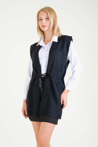 Kadın Bel Kurdela Ayarlamalı Tüylü Yelek Siyah - 4