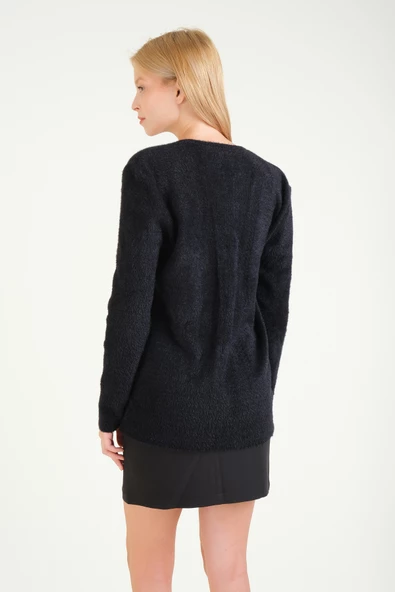 Kadın Biyeli Dekoratif Dümeli Tüylü Hırka Siyah - 6