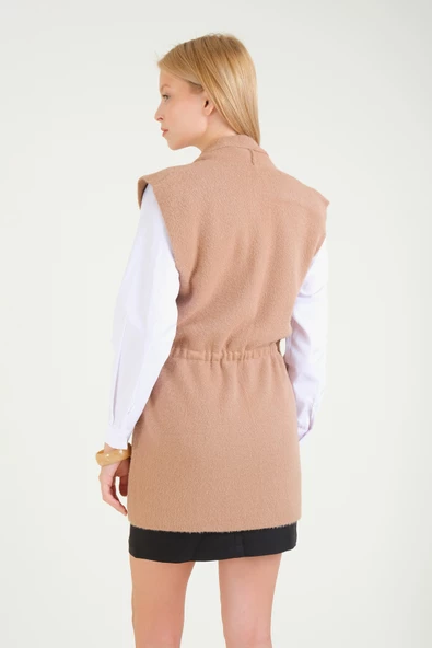 Kadın Bel Kurdela Ayarlamalı Tüylü Yelek Camel - 6