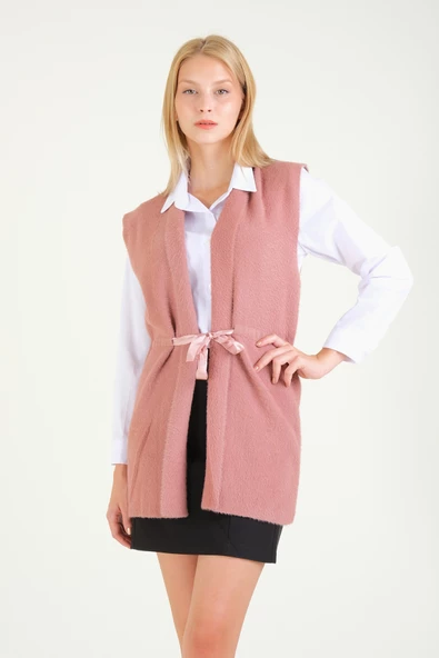 Kadın Bel Kurdela Ayarlamalı Tüylü Yelek Gül - 3