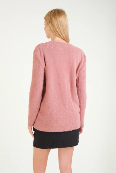 Kadın Biyeli Dekoratif Dümeli Tüylü Hırka Gül - 6