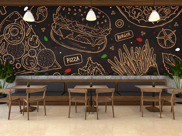 Hamburger Temalı Cafe Duvar Kağıdı Baskı - Resim 4