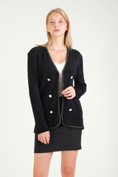 Kadın Biyeli Dekoratif Dümeli Tüylü Hırka Siyah - 4