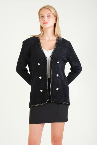 Kadın Biyeli Dekoratif Dümeli Tüylü Hırka Siyah - 5